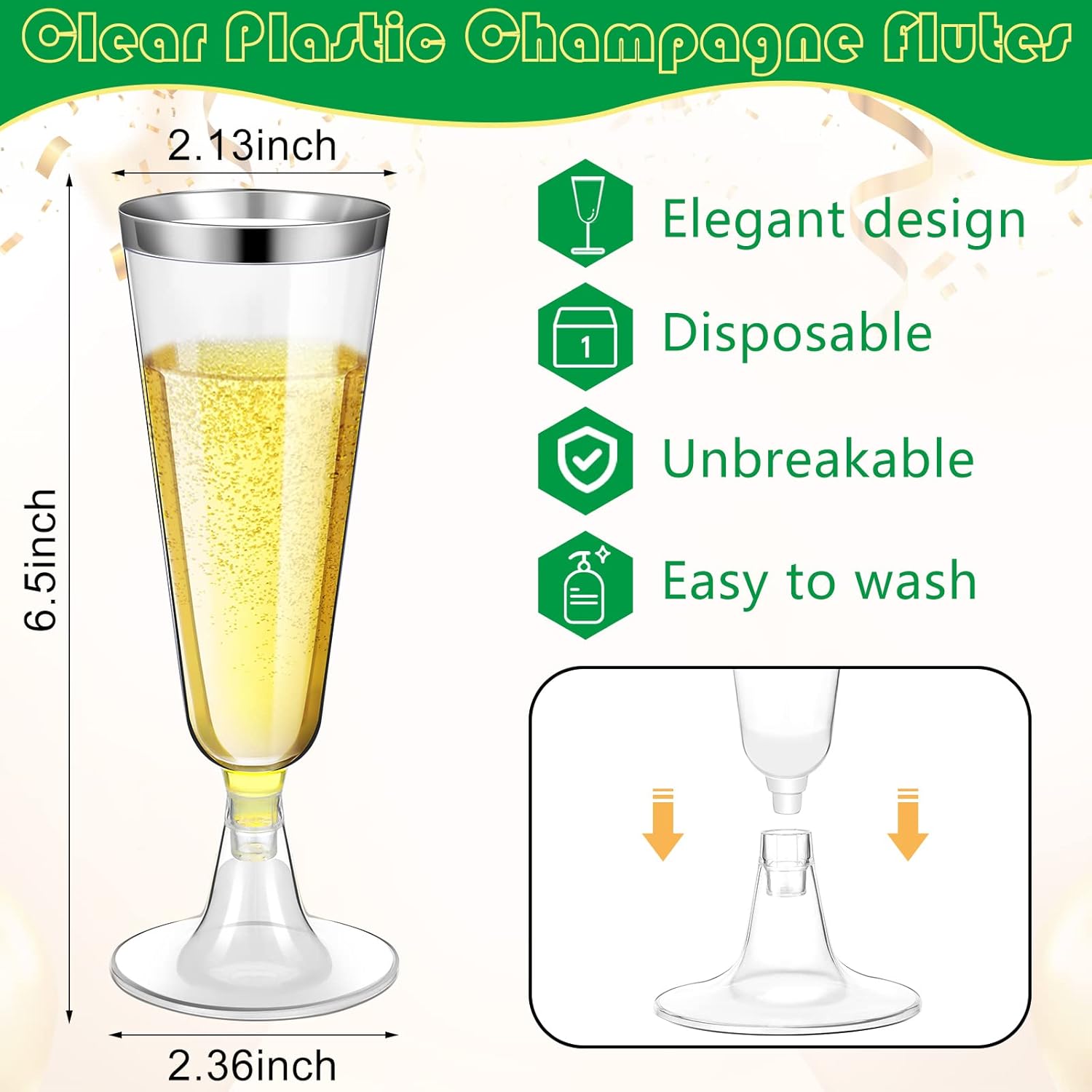 Gerrii 300 Pcs Plastic Champagne Flutes Bulk, 4.5 oz Clear Disposable Champagne Flutes, Rimmed Toasting Glasses for Wedding Birthday Anniversary Celebration Party Wine(Silver Rim) - Image 2