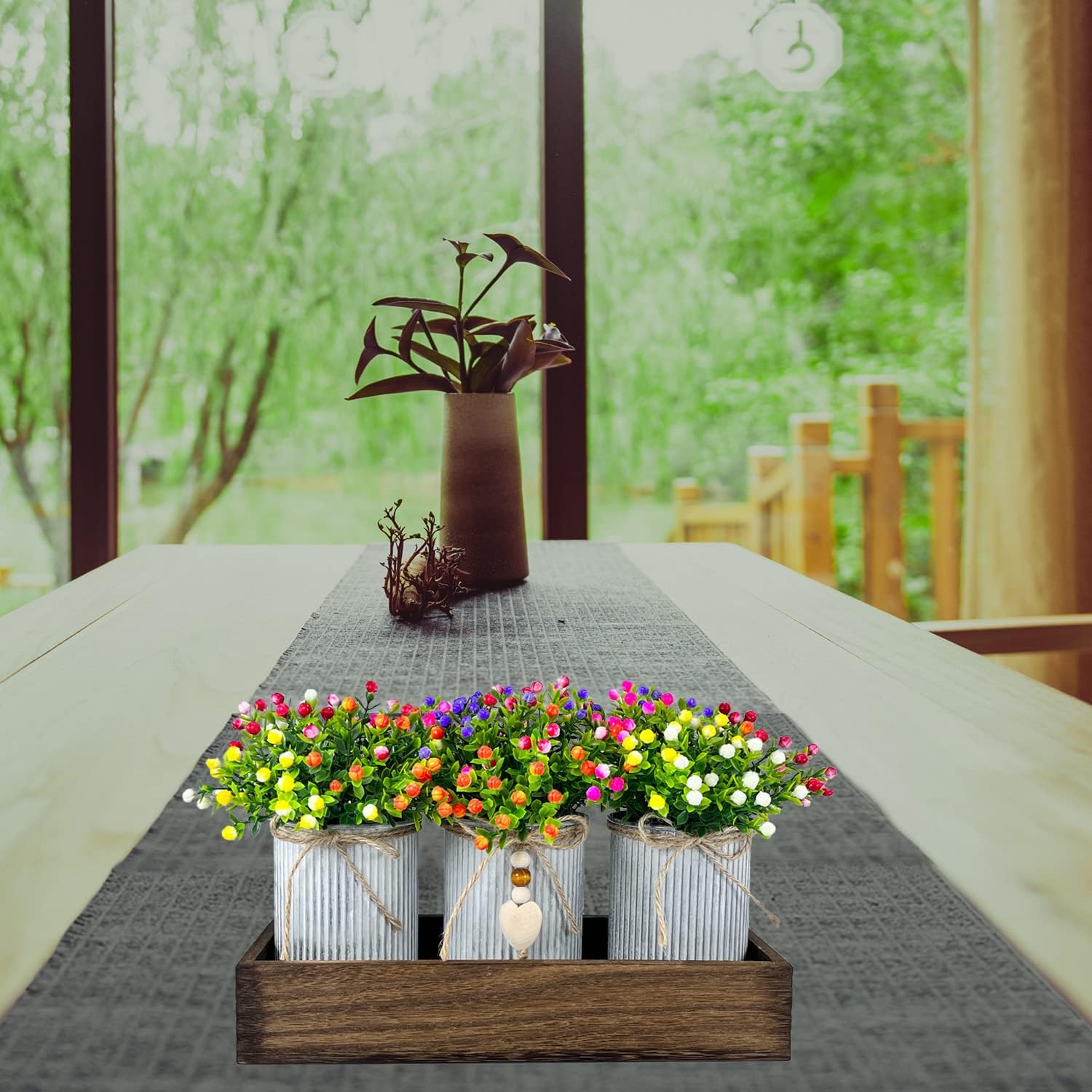 Table Centerpiece Decoration Artificial Flower Set with 3 Fake Milan Bouquet and Wood Tray for Desk Home Bathroom Office Décor - Image 5