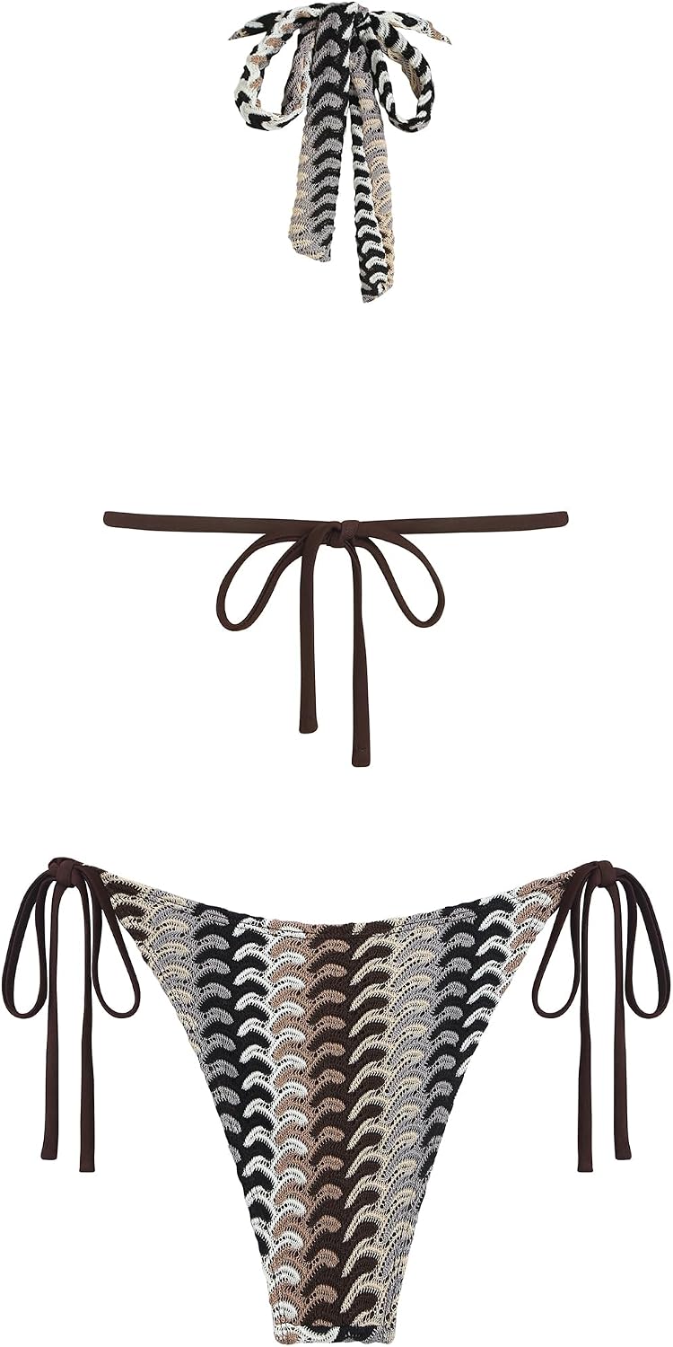 ZAFUL Women Striped Halter Bikini Set Backless String Tankini Tie Side Swimsuit Cheeky 2 Piece Bathing Suit