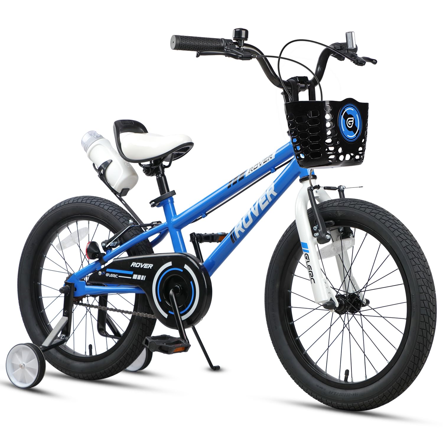 Glerc Rover 18 Inch Kids Bike for 5 6 7 8 Years Old Boys Girls Bicycles with Water Bottle & Stabilisers & Basket, Blue