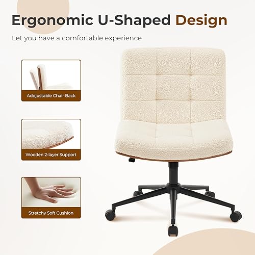Miniatura 6 de Furnimart FSC - Silla de escritorio ancha de madera, giratoria de 360 con ruedas, cómoda silla de oficina con patas cruzadas, silla enrollable sin