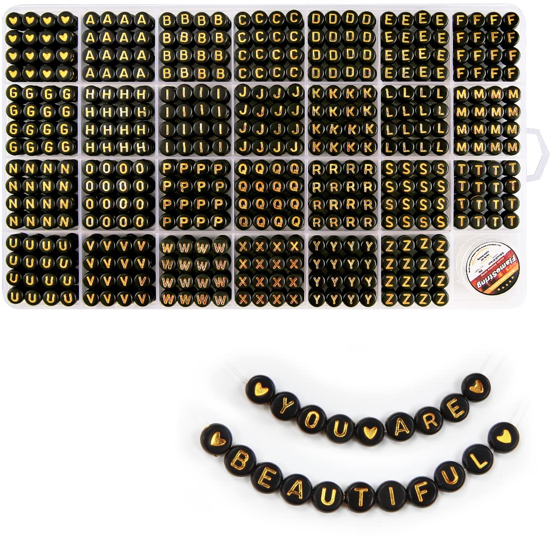Eppingwin Letter &amp; Alphabet Beads in 28 Grid Box (Gold Letters &amp; Black Base, 4 x 7 mm Round, 1mm Hole)