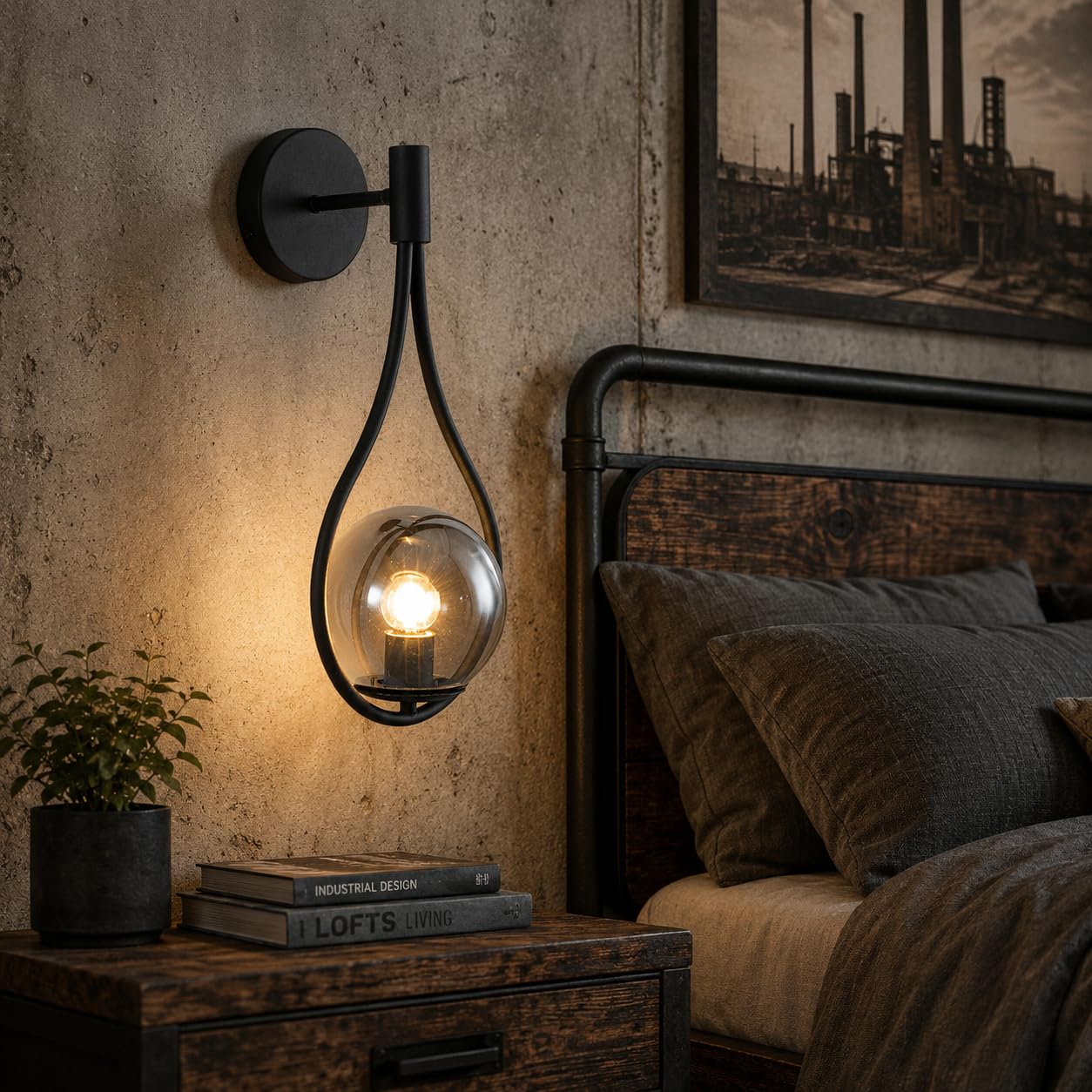 KCO Lighting Lampada da Parete Moderna a Globo di Metà Secolo Con Paralume Grigio Fumo, Wireless, Nero e Grigio Fumo per Soggiorno, Camera da Letto, Corridoio