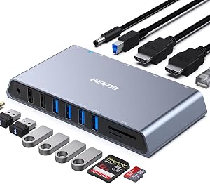 BENFEI 12-in-1 USB 3.0 Docking Station with Dual HDMI Display/6*USB Ports/SD/TF Card Reader/Gigabit Ethernet Network/3.5mm Female Headphone Jack Compatible with Windows and Mac