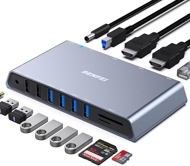 BENFEI 12-in-1 USB 3.0 Station d'amarrage avec double HDMI Display/6* USB Ports/SD/TF Card Reader/Gigabit Ethernet Network/3.5mm Casque Femme Jack Compatible avec Windows et Mac