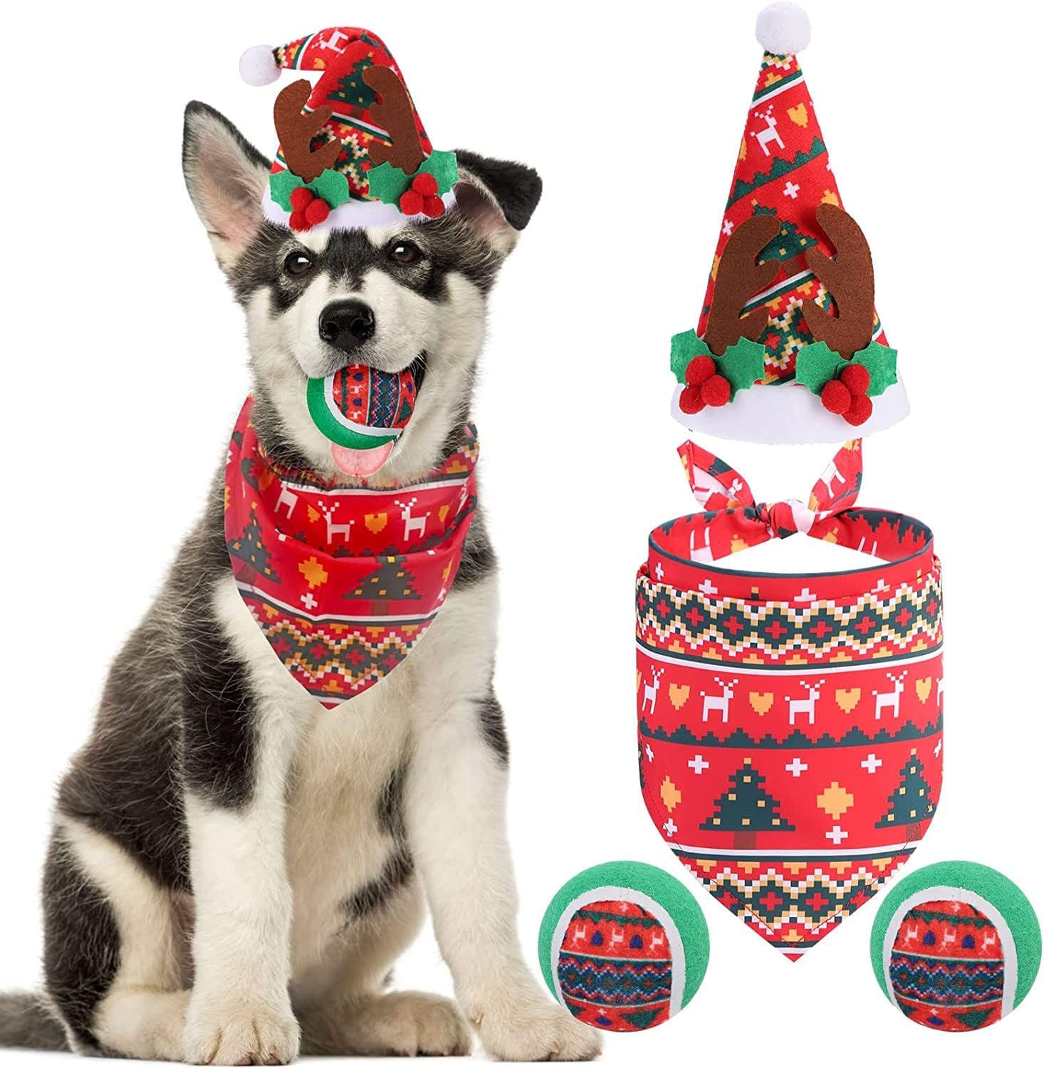 PAWCHIEChristmas Dog Costume - Christmas Dog Outfit Dog Santa Hat Bandana Tennis Balls, Xmas Triangle Bib Scarf Squeaky Toys Xmas Hat Accessories for Small Medium Dogs