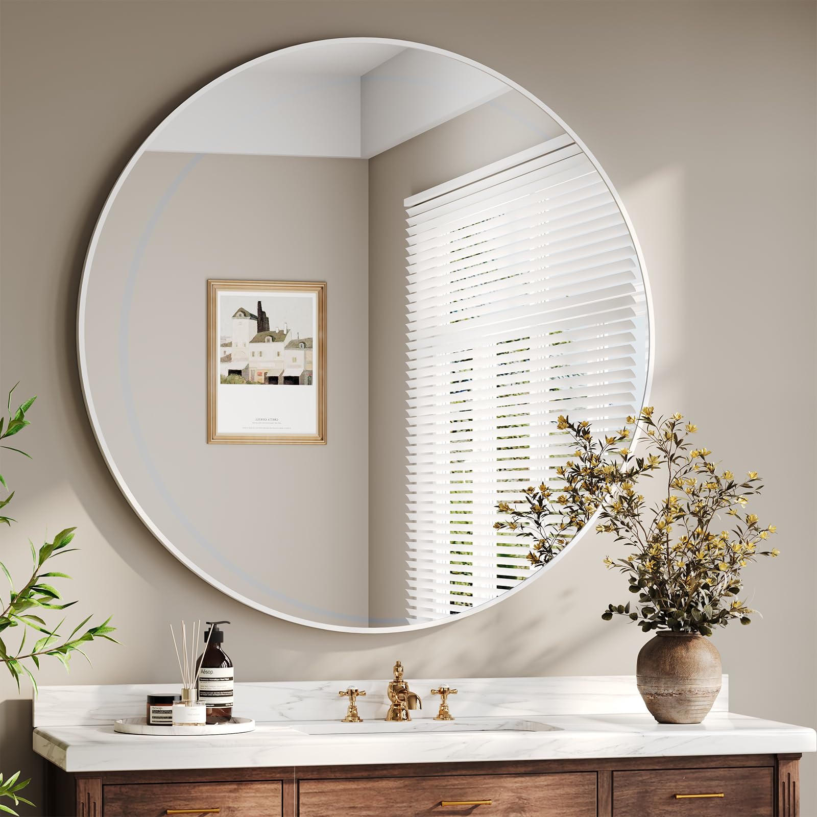 Dripex 90cm Round Wall Mirror, Aluminum Frame Tempered Glass Circle Mirror, Large Decorative Hanging Vanity Mirror for Bathroom, Hallway, Living Room & Bedroom, White