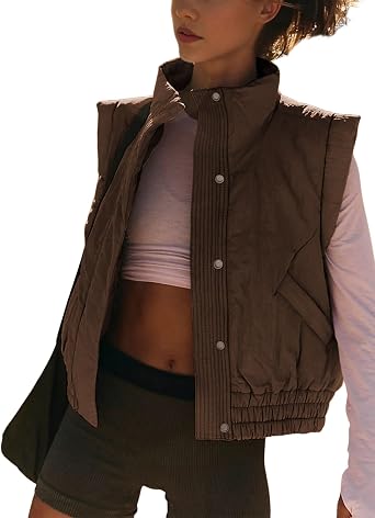 Athlisan Womens Cropped Puffer Vest Stand Collar Sleeveless Padded Gilet Vest with Pockets