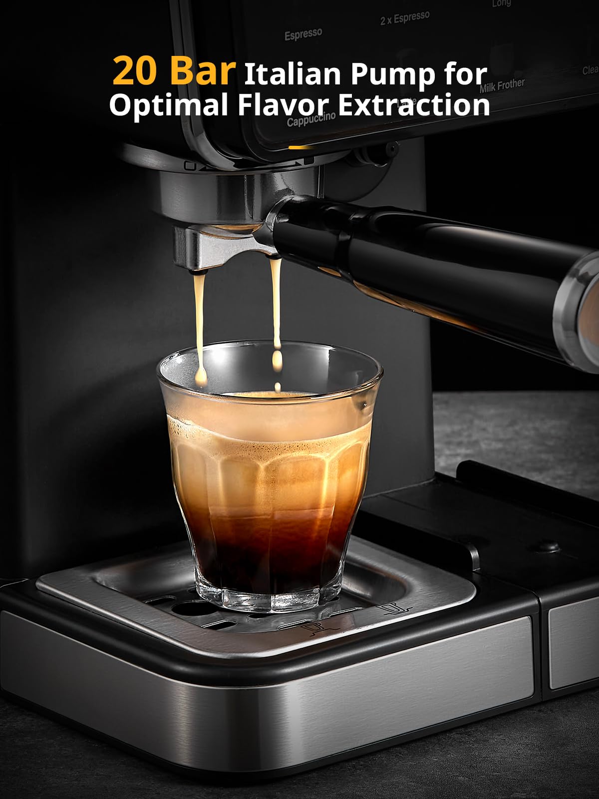Yabano Máquina de café espresso, 20 bares, con espumador de leche automático de 500 ml, 6 bebidas, pantalla táctil a color, depósito de agua de 1,5 L, cafetera capuchino y latte, 1450 W