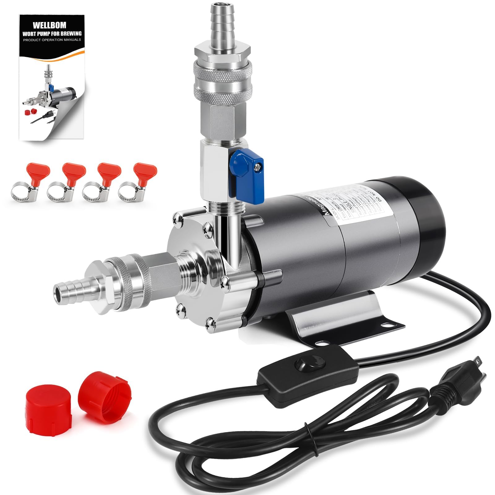 Wort Pump for Brewing, Magnetic Drive Beer Pump 304 Stainless Steel Head Food Grade Tool with 1/2"NPT Thread Head Quick Disconnect & Inline Switch
