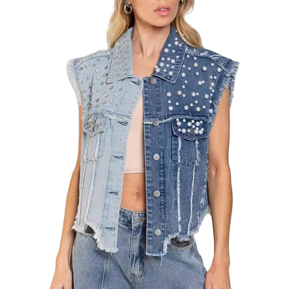 HGKPFGTF Women Distressed Sleeveless Denim Vest Button Down