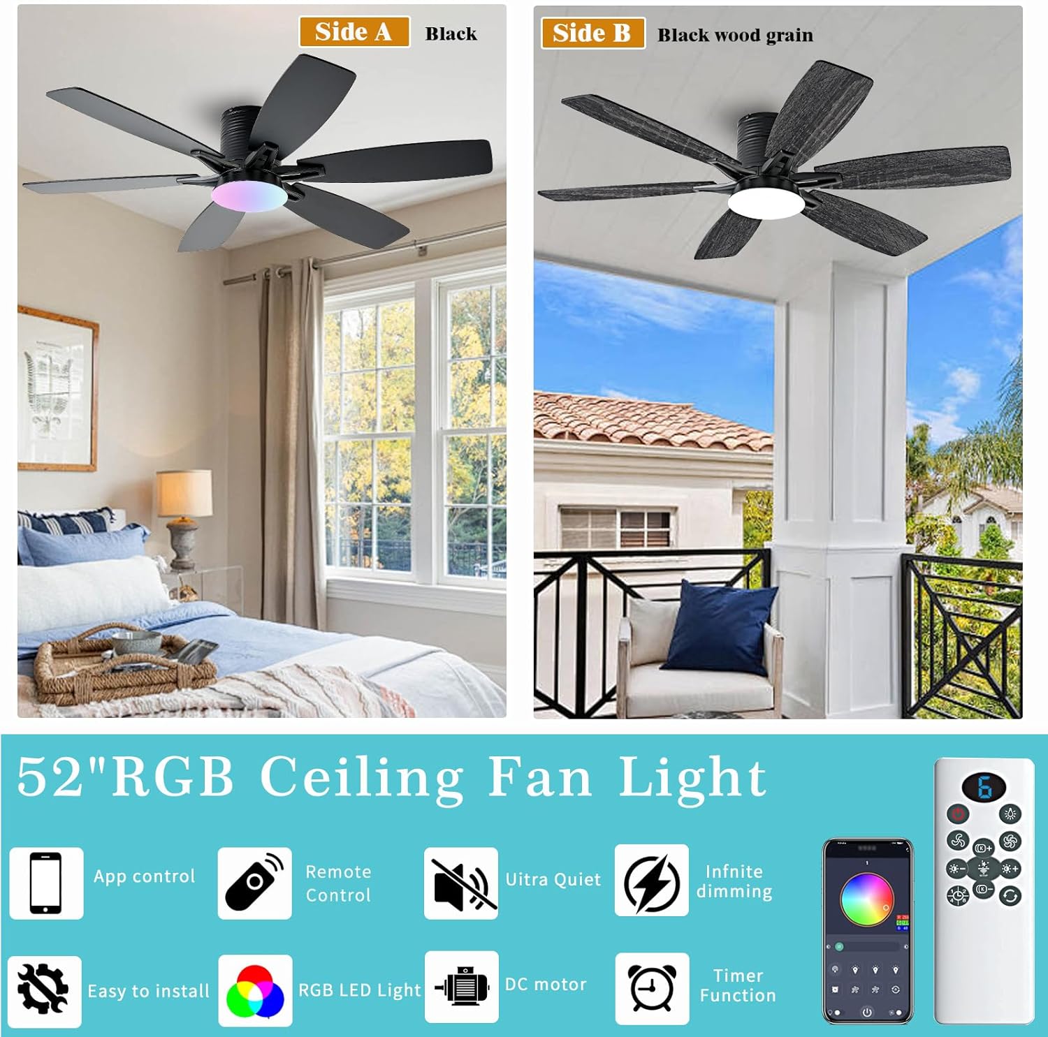 52inch Black Ceiling Fans with Lights and Remote/App Control, Low Profile Ceiling Fan with Light and 6 Double-Side blades, Flush Mount, LED/RGB Dimmable DC Reversible Modern Ceiling Fan for Bedroom image 6 of 9 B0FBWDKLY2