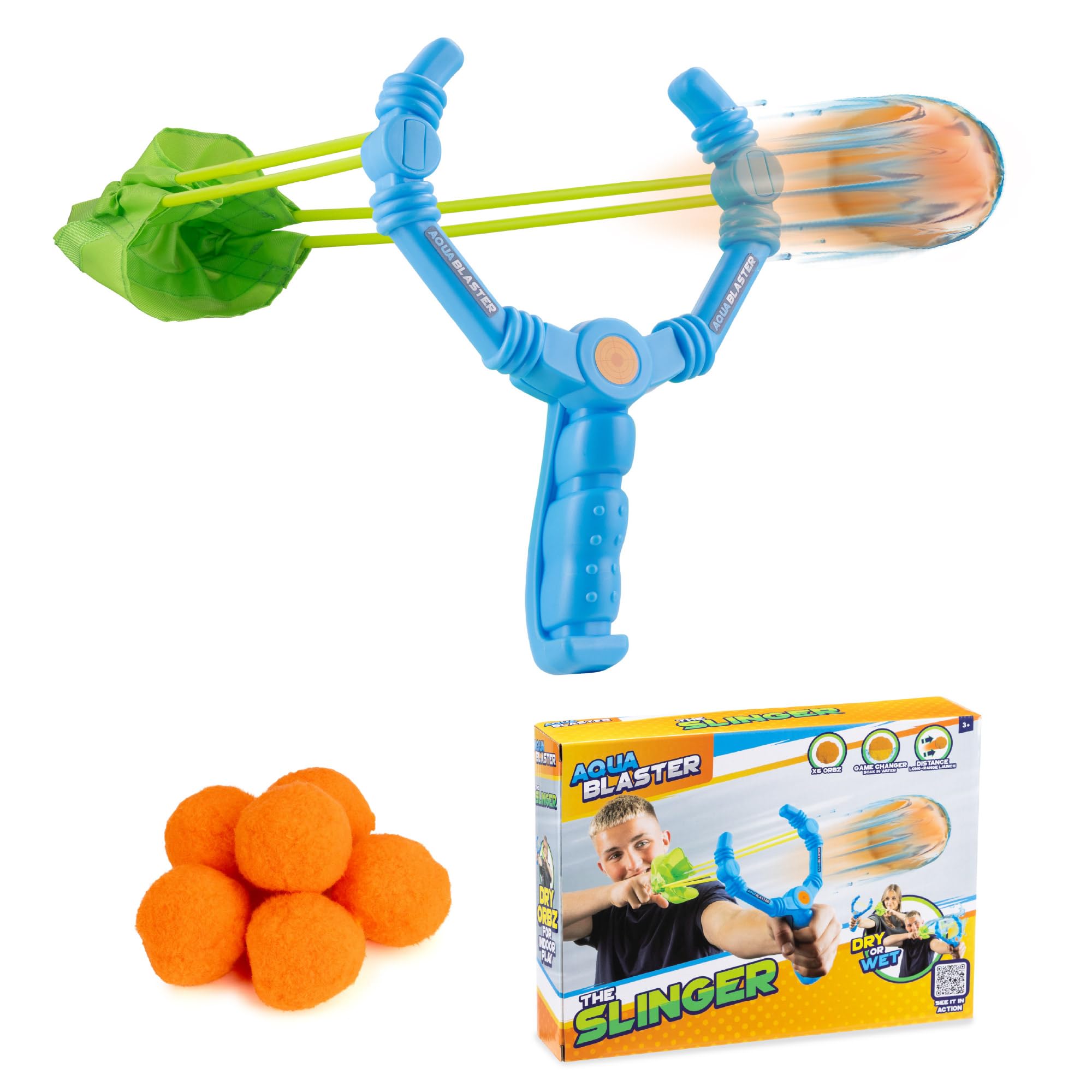 Aqua Blaster Slinger, Water Slingshot Toy Includes 6 Cotton Balls, Water Play for Kids, Indoor Outdoor Use, Garden Play, Beach Play
