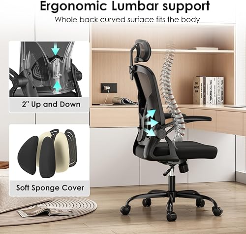 Miniatura 4 de Ergonomic Office Chair with Adjustable Headrest  Lumbar Support, High Back Mesh Computer Desk Chair with Flip-Up Armrests, Reclining Rocking