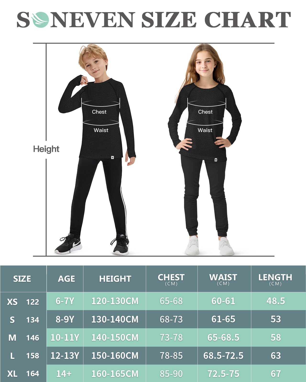 Soneven sous-vêtements Thermiques pour Enfants, Unisexe, Chaud en Polaire, t-Shirt de Sport pour Filles, t-Shirt à Manches Longues pour Enfants avec Trou pour Le Pouce pour l'hiver