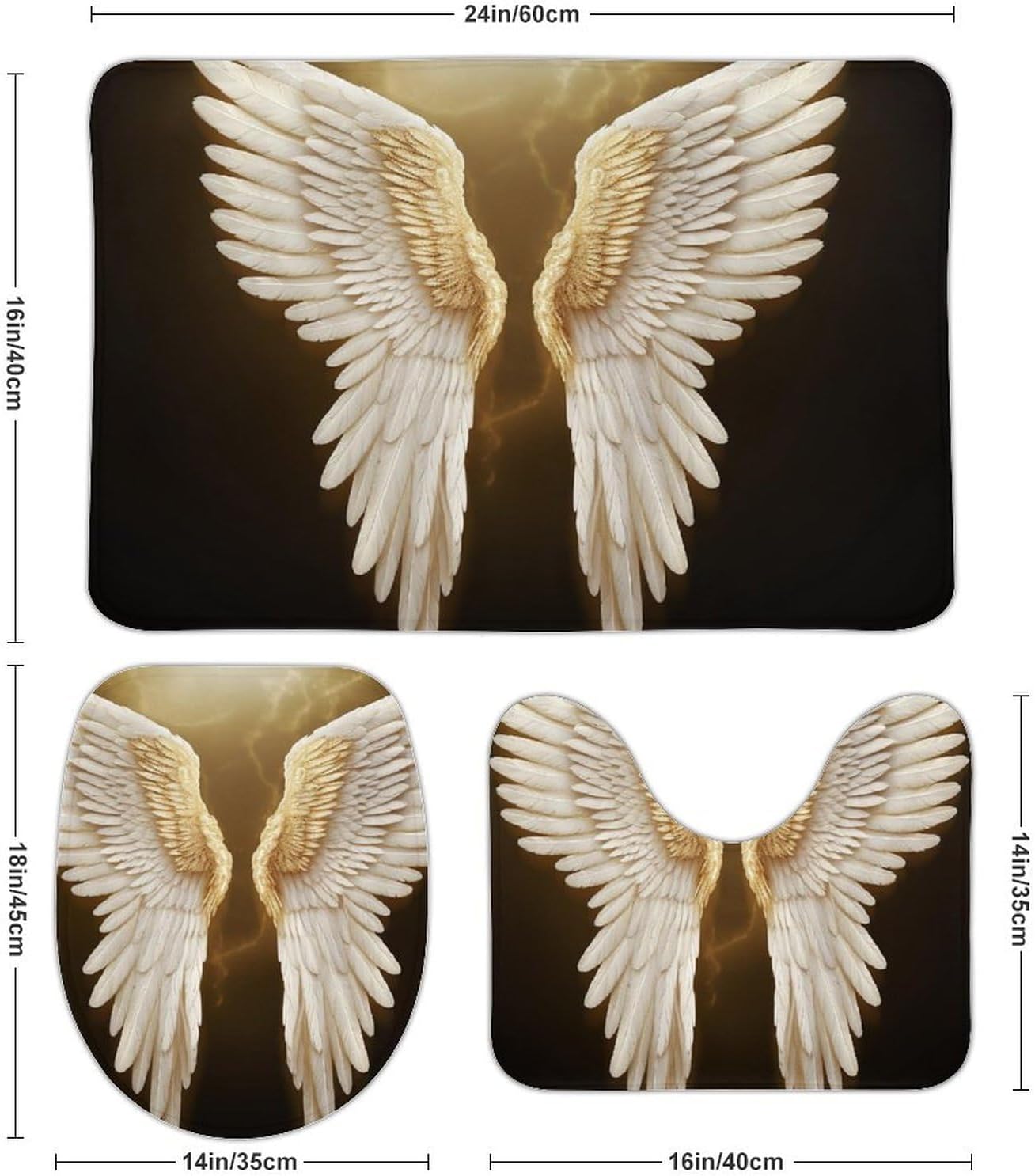 Bathroom Rug Set of 3 Angel Wing Bath Mat Decor Rug 16"x24" Non Slip Shower Mat Washable Bath Mats for Door Entrance Tub Side Toilet U Shape Mats