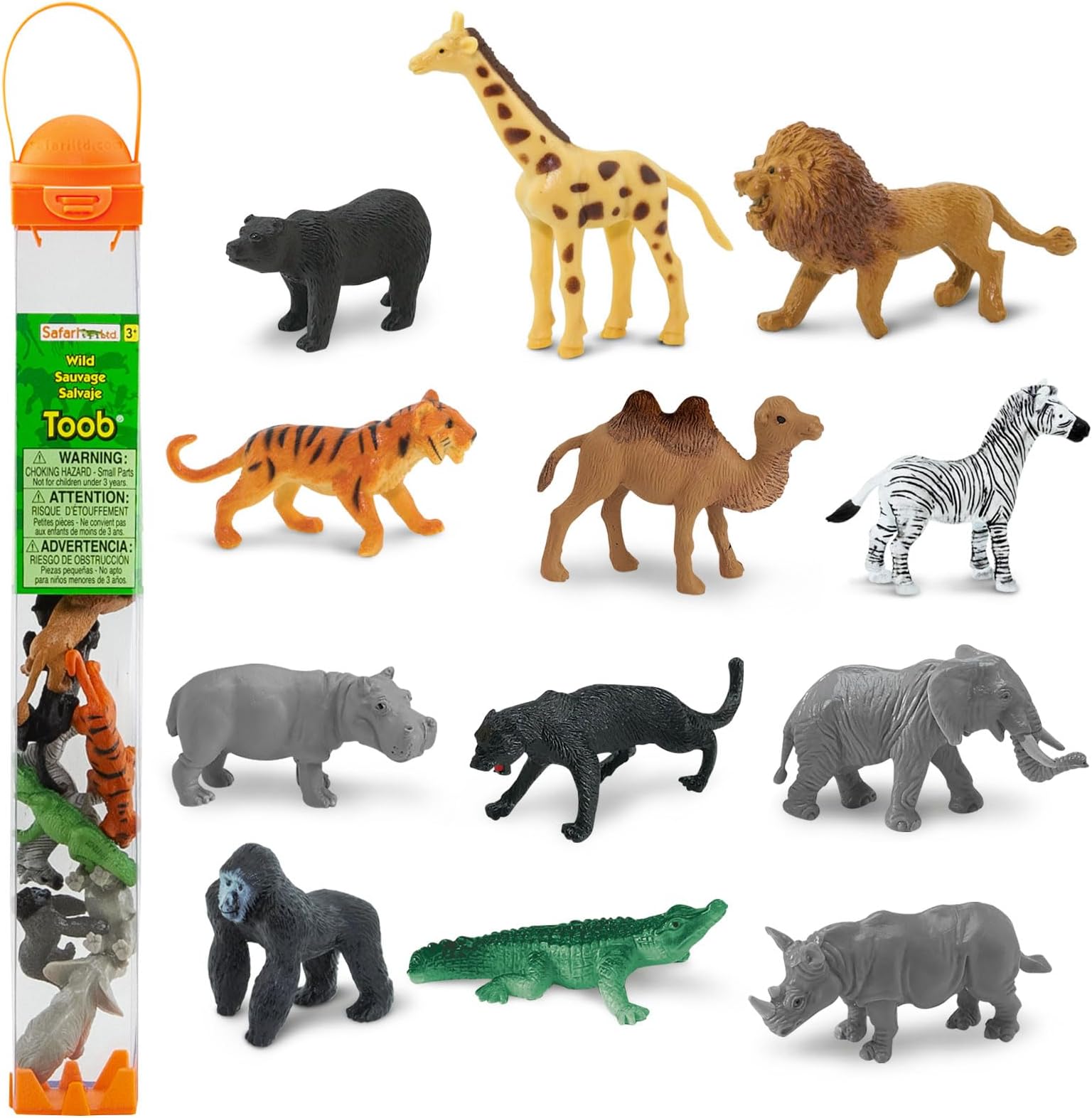 Wild TOOB - 12 Mini Figurines: Giraffe, Bear, Tiger, Camel, Lion, Crocodile, Gorilla, Hippo, Rhino, Zebra, Panther, Elephant - Educational Toy Figures For Boys, Girls & Kids Ages 3+