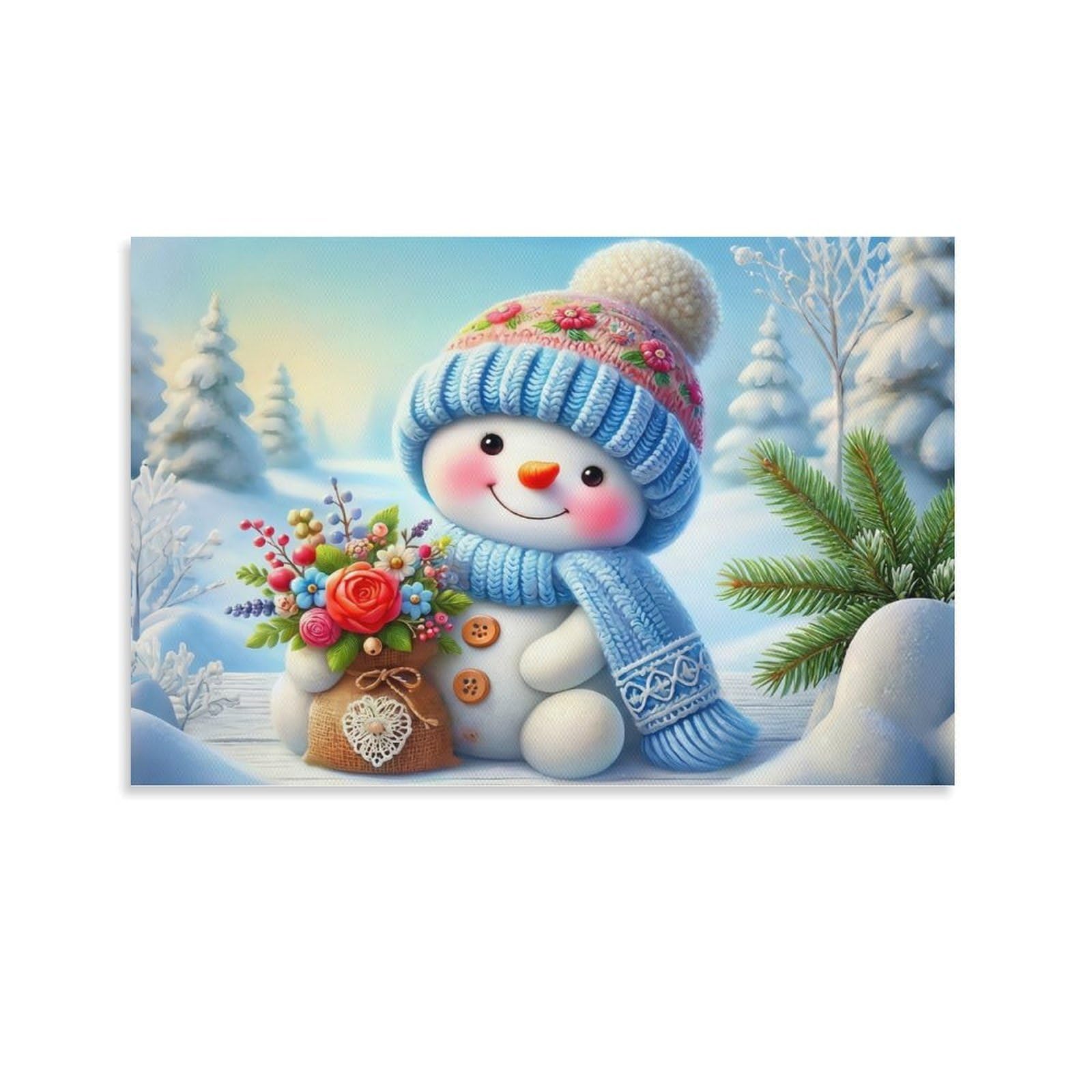 CPLVKWRQJ Snowman with Flowers Individual Cute Snowman Holding Fresh Winter Bouquet Canvas Print - Office Wall Art Fade Resistant Statement Piece Ready to Hang 20x30inch(50x75cm)