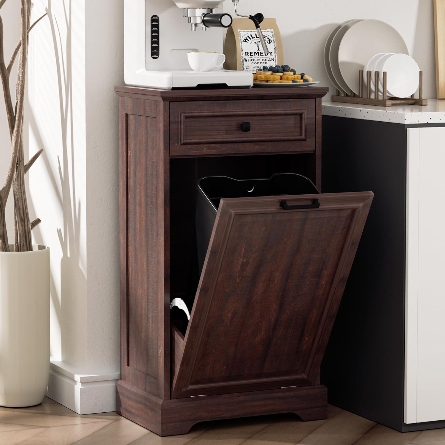 Tilt Out Trash Can Cabinet, Wooden Garbage Can Cabinets with Storage Drawer, Pet Proof, Laundry Hamper Cabinet Recycling Bin for Kitchen, Bathroom, Living Room (Brown)