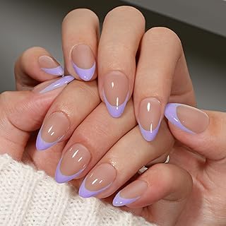 KQueenest French Tip False Nails with Glue, Light Purple Press on Nails ...