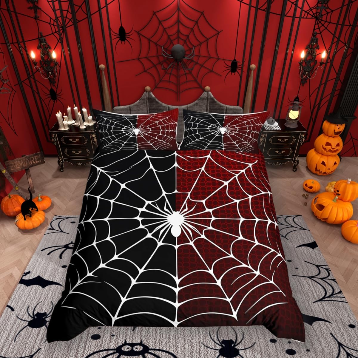 feelingyou White Spider Kids Duvet Cover Super King Size,Black and Red Comforter Cover for Kids Teens Adults Bedroom Decor,Halloween Theme Soft Polyester Bedding Set 2 Pillowcases,No Comforter