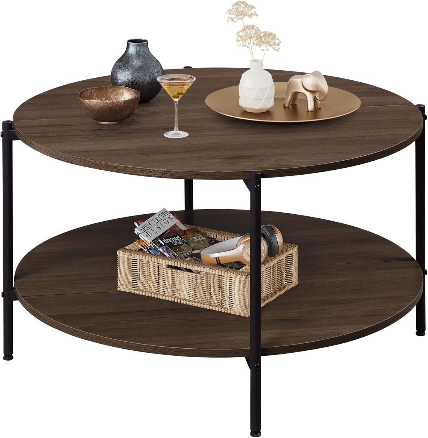 WLIVE Round Coffee Table 83 cm with Open Shelf, top view with decorative items.