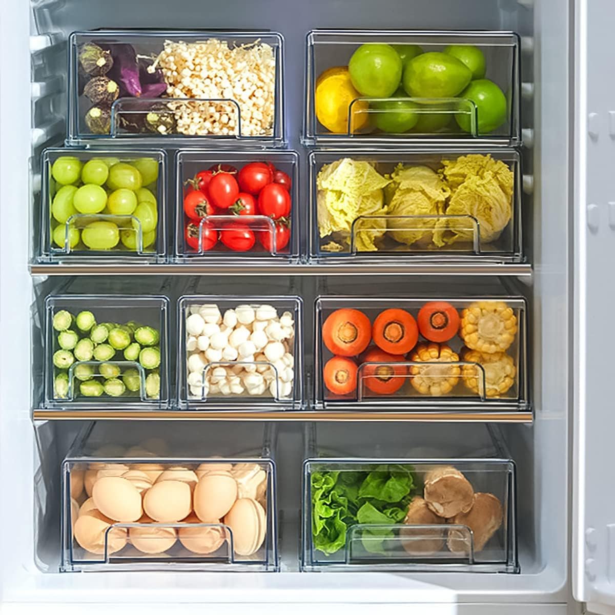 2 Pack Stackable Refrigerator Drawers Pull Out Bins Clear Fridge Drawer Organizer Food Storage Containers Plastic Veggie Fruit Produce Saver for Pantry Kitchen Freezer(M)