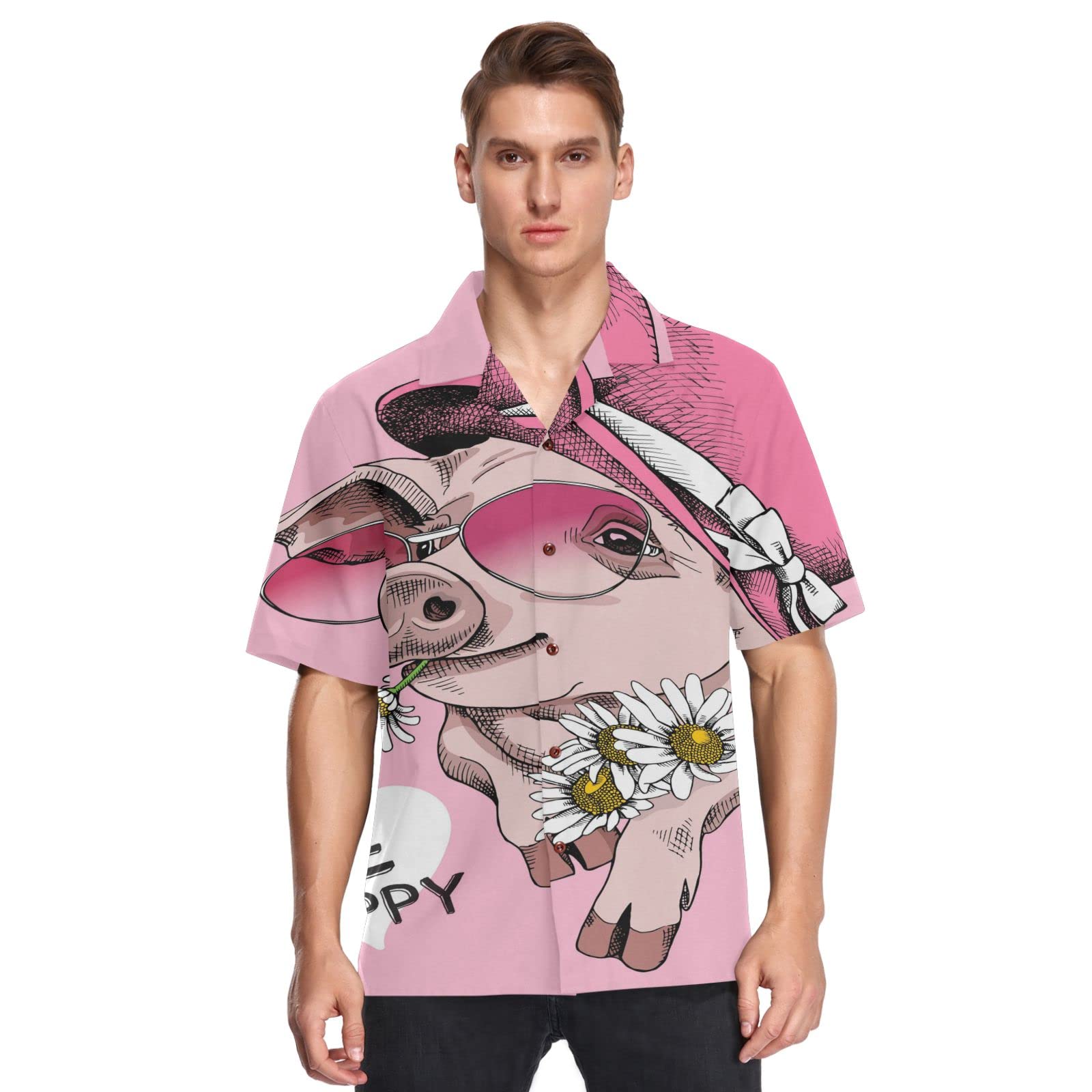 Anantty Men's Multicoloured Hawaiian Shirts Funny Pig Sunglasses Hat Chamomile Beach Shirts Button Down Short Sleeve Casual Aloha Shirts Shortsleeve