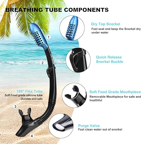 Miniatura 6 de Juego de esnórquel con aleta de máscara con equipo de esnórquel para adultos, máscara de buceo antivaho de 180, antifugas, parte superior seca y