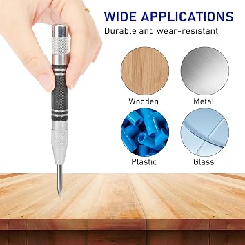 Automatic Center Punch,2 Pack Heavy Duty Spring Loaded Center Punch,Heavy Duty Automatic Center Punch,Adjustable Tension Center Punch Tool with Two Replacement Tips,for Metal,Glass,Wood,DIY