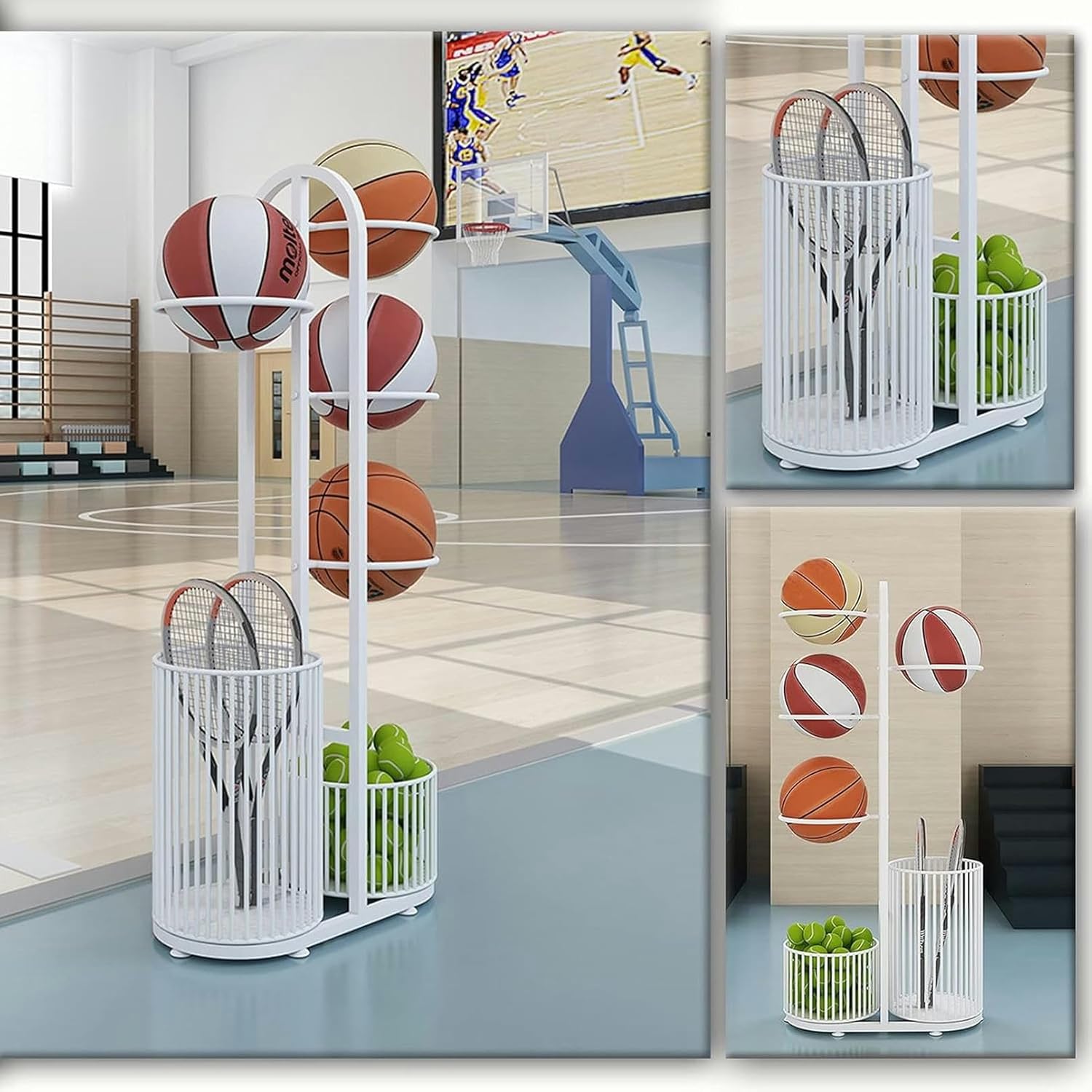 Ball Storage Holder Sports Ball Holders with Badminton Tennis Rackets Storage Basket, Metal Ball Organizer Display Rack for Basketball Volleyball Football