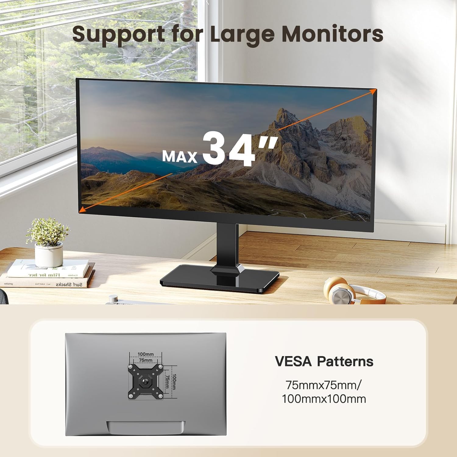ErGear Single Monitor Stand for 13-34 inch Screens up to 44 lbs, Free-Standing Monitor Riser with 5 Height Settings, Tabletop VESA Mount with Tempered Glass Base, Max VESA 100x100mm