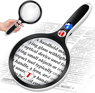 Large Magnifying Glass with Lights,10X 25X 45X 60X Handheld Lighted Magnifier, 5in Page Magnifier LED Lights, Magnifying Glass for Reading Small Prints & Low Vision Seniors with Aging Eyes