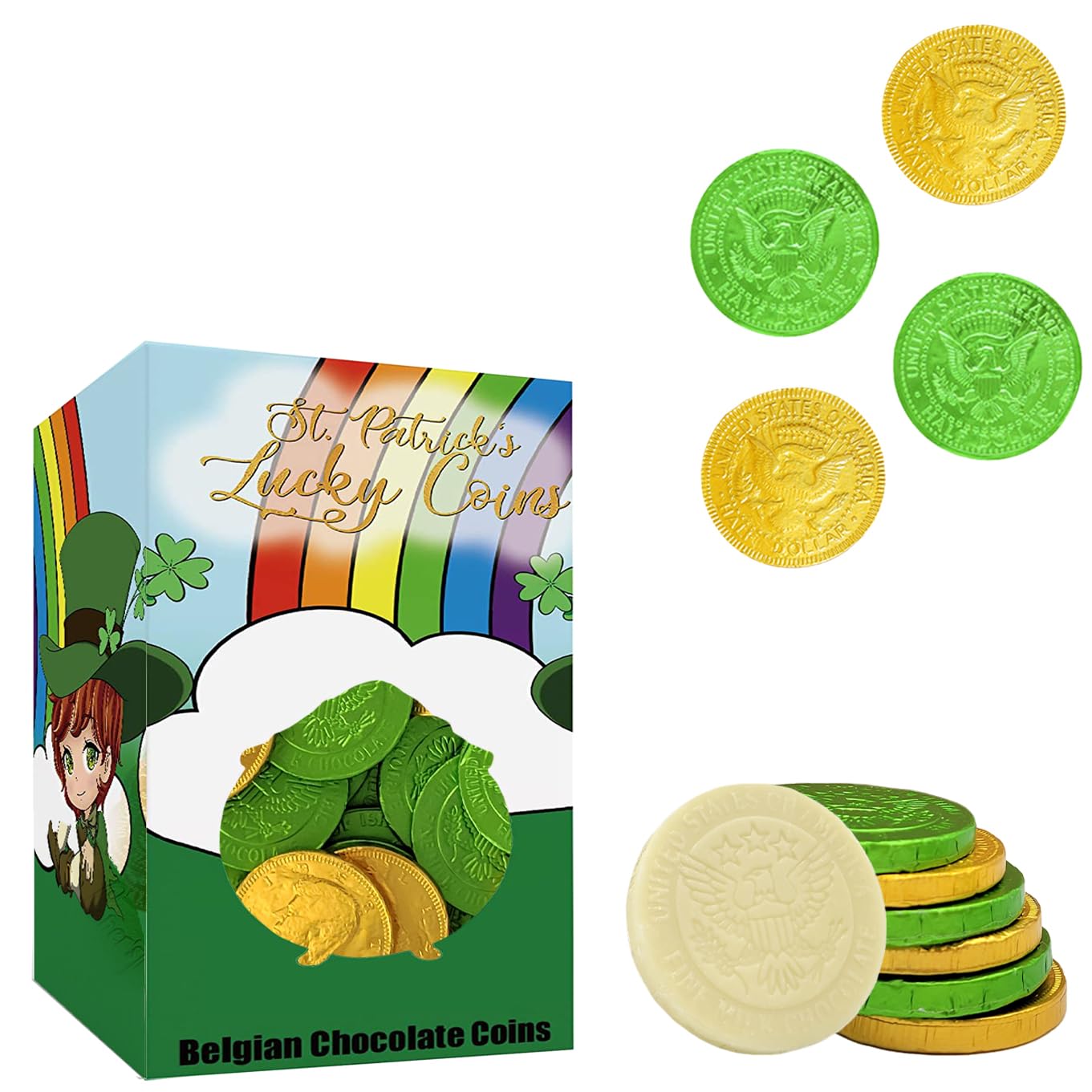 Fruidles St. Patrick's Day White Chocolate in Green and Gold Coin Foils, Belgian Milk Chocolate in St. Patrick's Theme Box, Kosher Certified Dairy (2 Pounds)