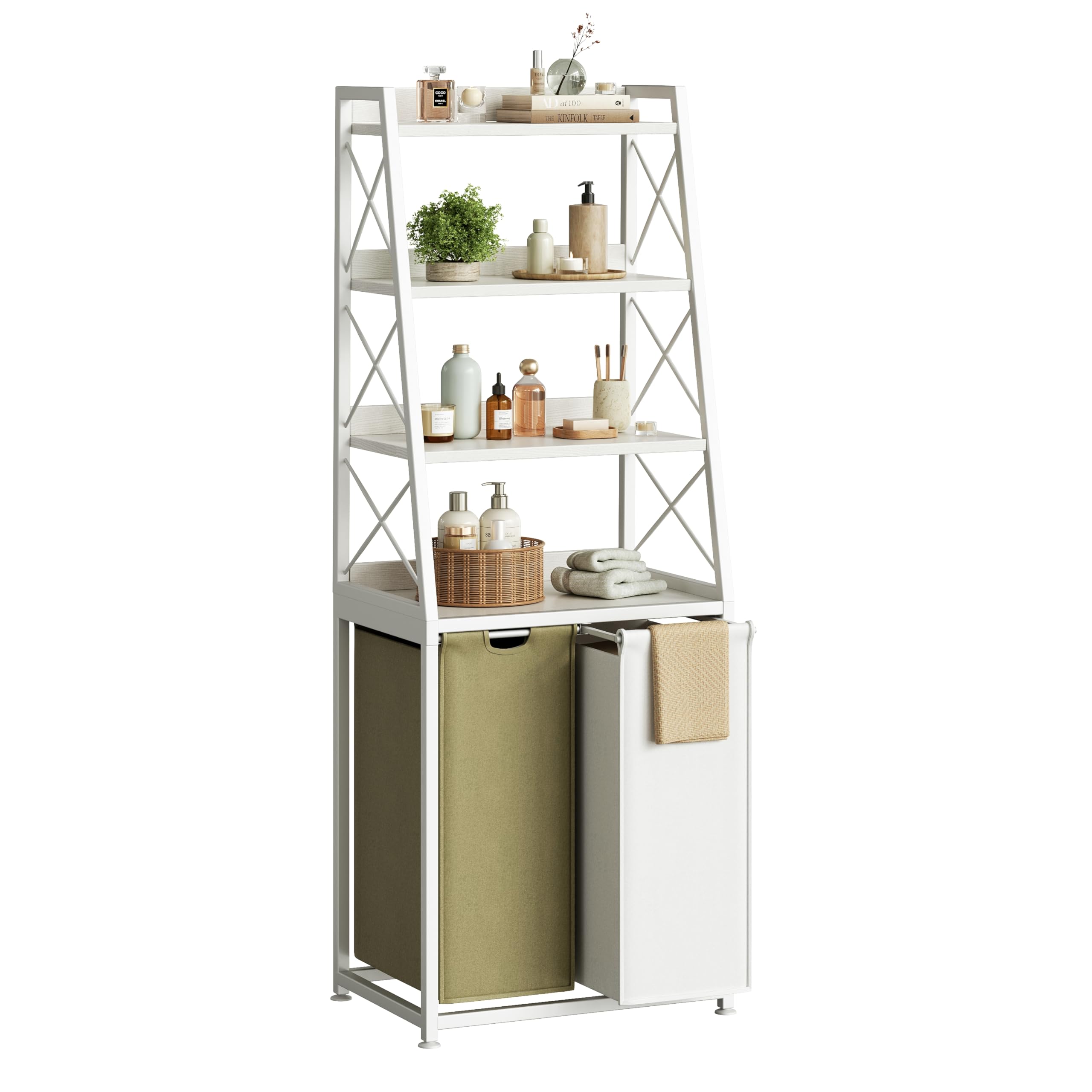 Herture 120L Laundry Basket 2 Compartments, Laundry Hamper with 4 Tiers Shelf, Laundry Sorter with 2 Large Pull-Out Removable Laundry Bags, 2 x 60L, for Bathroom Utility Room, White PF11XLE