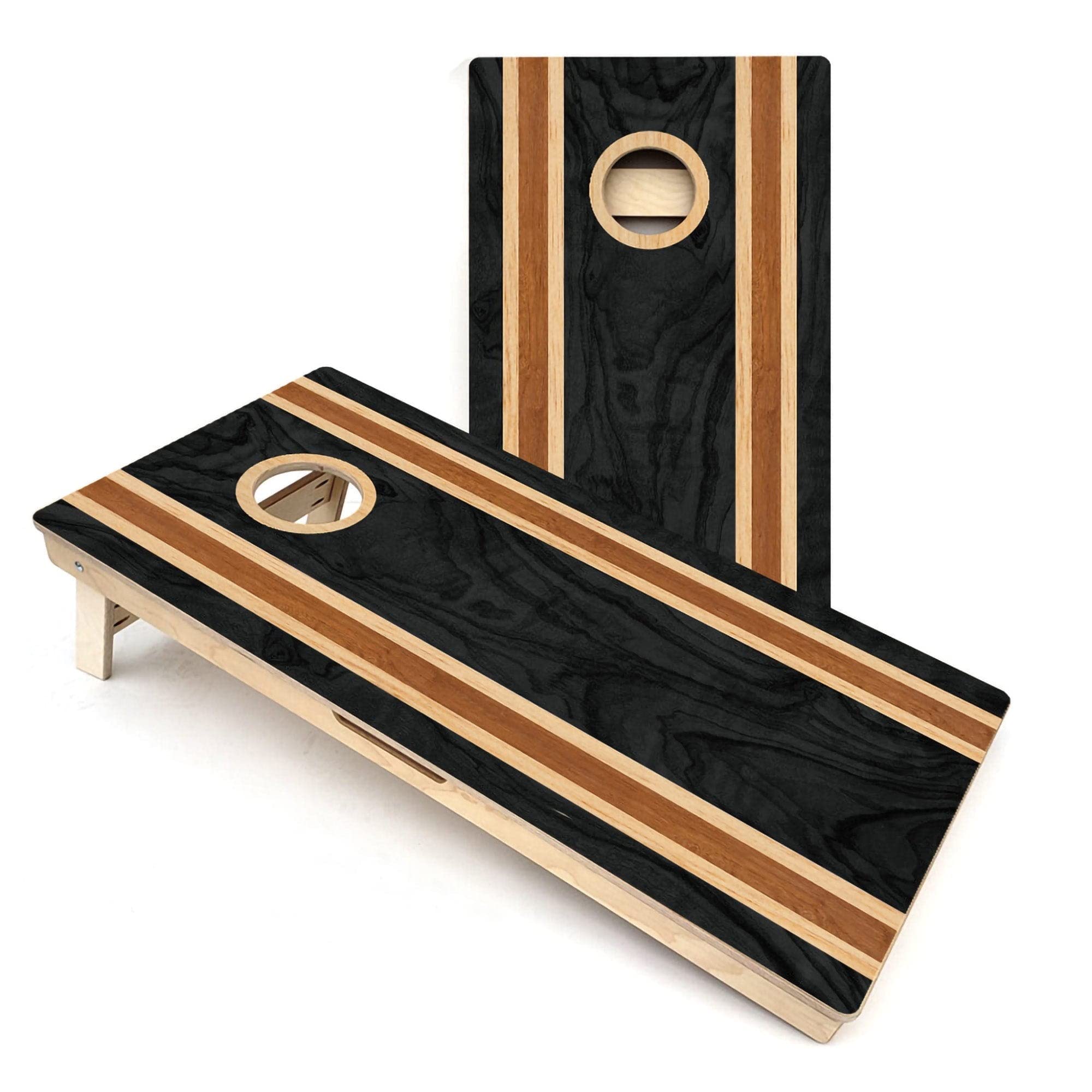 Dark Wood Stripe Cornhole Boards - Includes (2) Boards (Resin Bags) + (2) Board Edge Lights