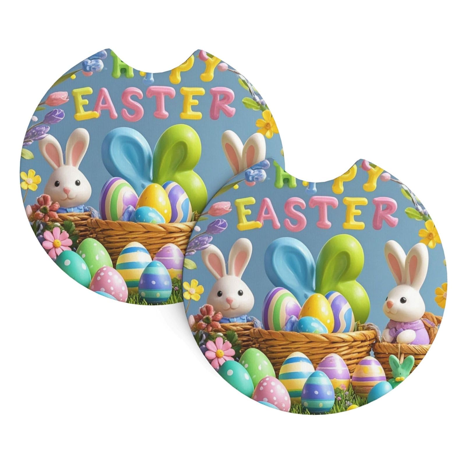 2 Pack Car Coaster for Cup Holders Happy Easter Car Cup Coaster 2.7" Neoprene Non-Slip Automotive Cup Mat Universal Auto Car Interior Accessories for Women Men Cup Pad