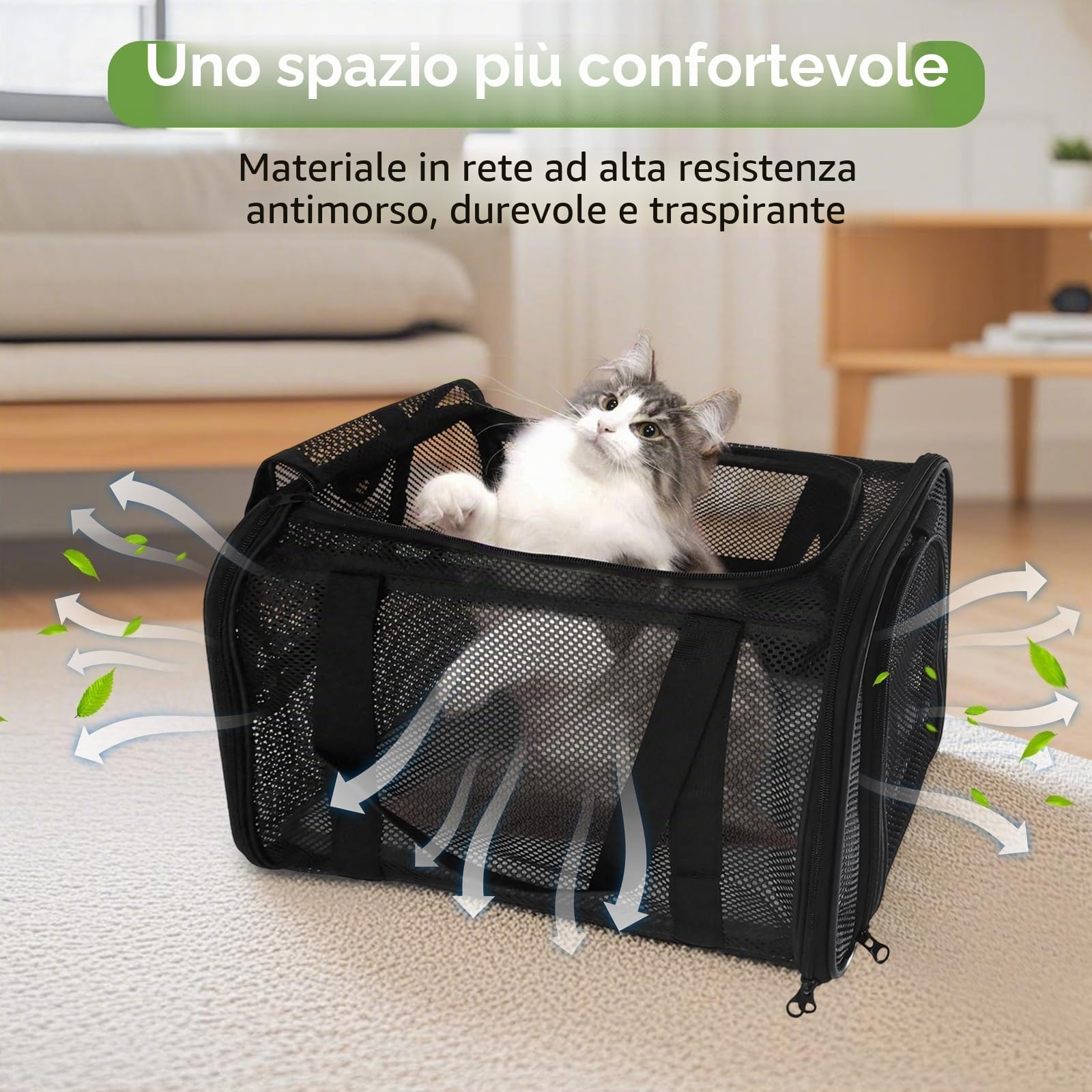 Borsa per gatti traspirante,Trasportino per Cani Portatile e Ripiegabile,Trasportino Gatto Cane,Trasportino per Gatti Con Tappetino Rimovibile e Tracolla,per Viaggio,Nero