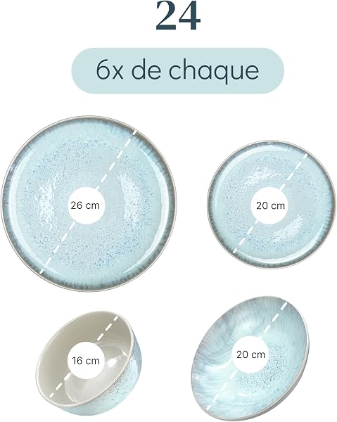 Service de Table Ibiza 24 Pièces: Vaisselle en Grès pour 6 Personnes, Adapté au Lave-Vaisselle et au Micro-Ondes, Pure Living Beige-Bleu - 3