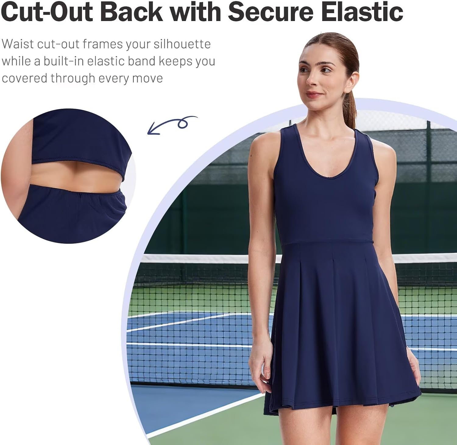 Women's Tennis Golf Dress, Pleated A-Line Racerback with Removable Padding & Detachable Shorts with Pockets