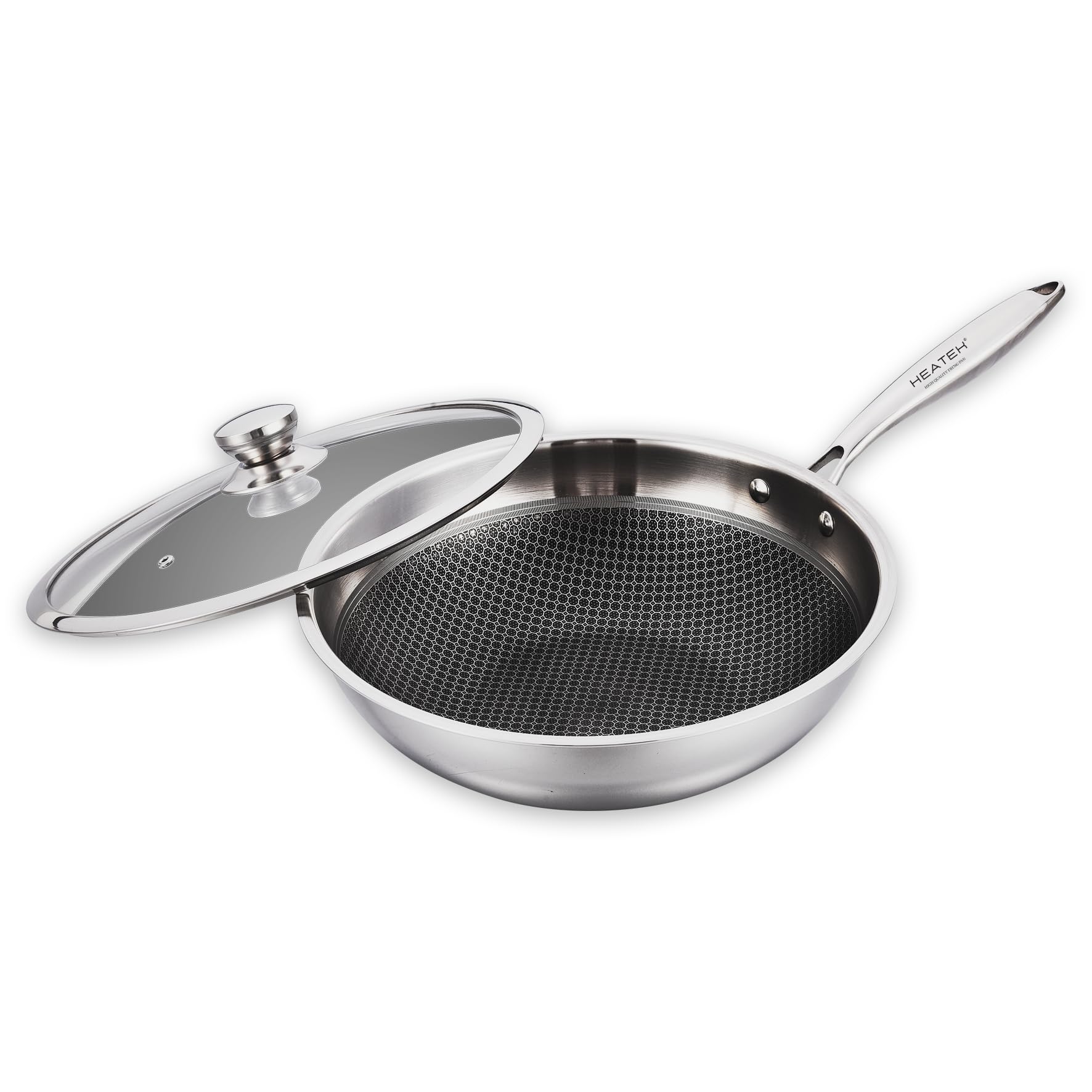 Set di 3 Padelle + Wok | Padella Antiaderente in Acciaio Inox Triplo Strato con Coperchio in Vetro | Antiaderente e Antigraffio | Adatta a tutti i Piani Cottura (HEATEK SET)