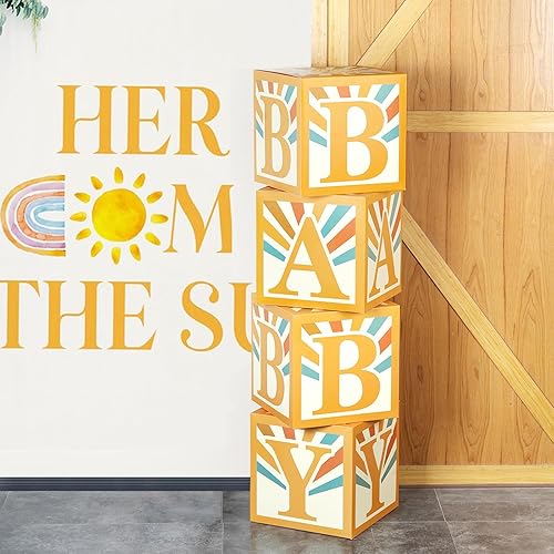 Here Comes The Son Baby Shower Decoraciones Niños Boho Baby Boxes- 4 piezas Retro Sun Baby Blocks Here Comes The Son Party Supplies
