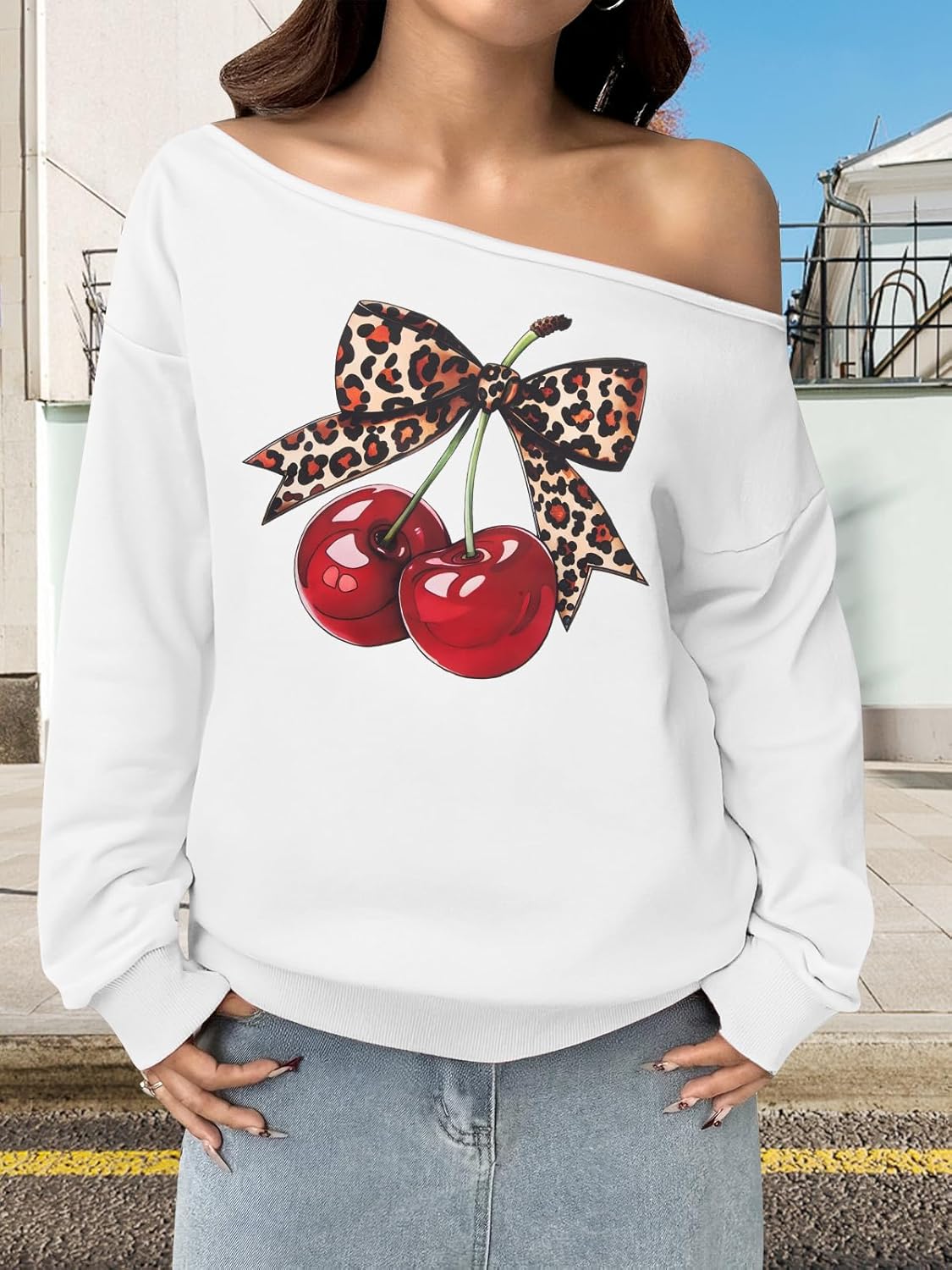 MYHALF Off the Shoulder Sweatshirt for Women Y2K Bow Graphic Pullover Tops Drop Shoulder Long Sleeve Cute Sweaters - Image 5