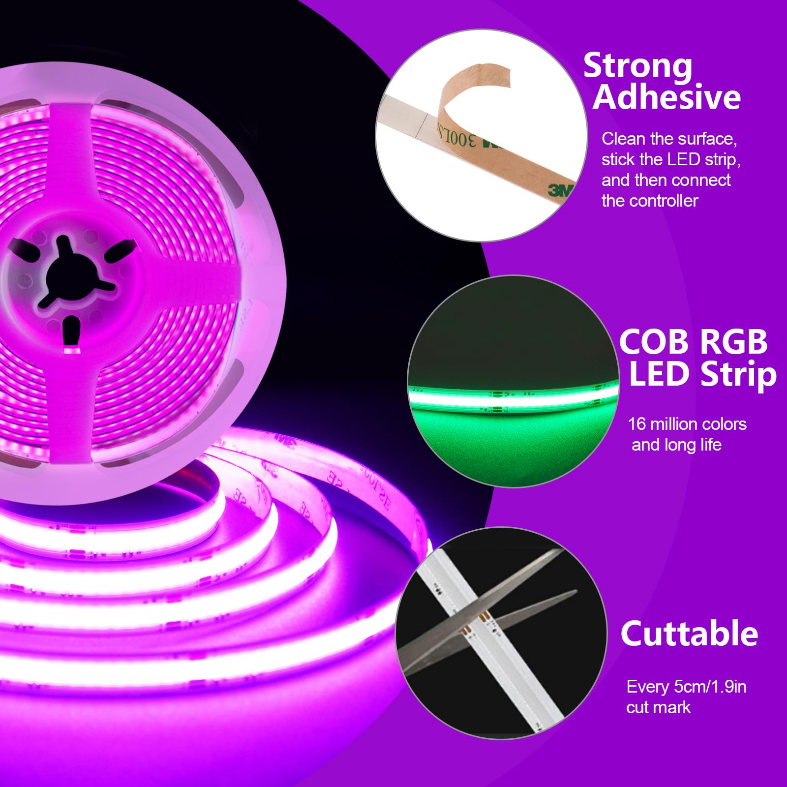 LED Strip 5M RGB COB LED Streifen, 840LED/M Musik Sync Smart LED Lichterkette Band Lichtleiste,24V Dimmbar Indirekte Beleuchtung Wand led TV Hintergrundbeleuchtung für Küche Bett Zimmer Deko