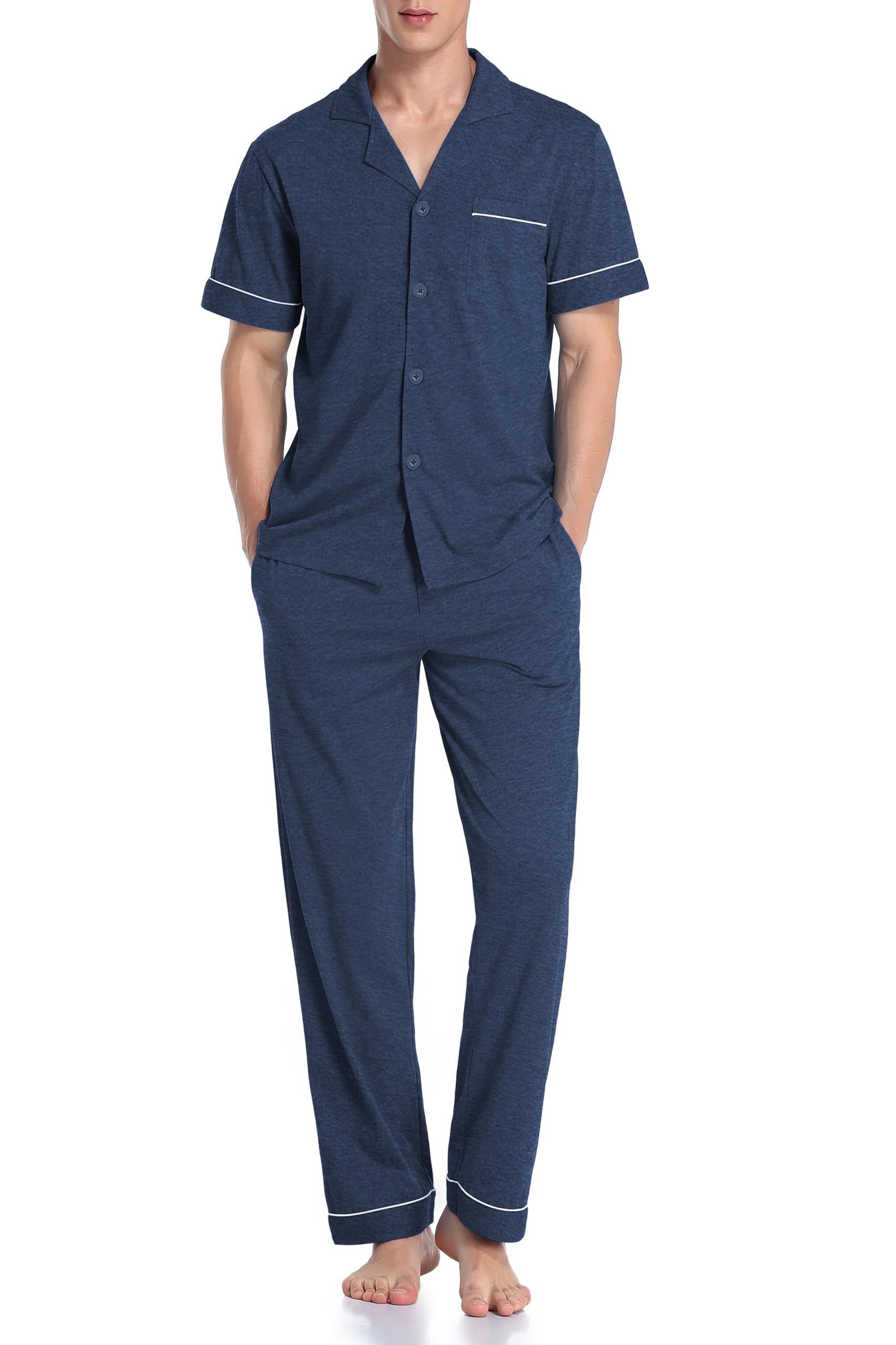COLORFULLEAF Men's 100% Cotton Pajamas Set Button Down Sleepwear Short Sleeve and Long Pants Pjs