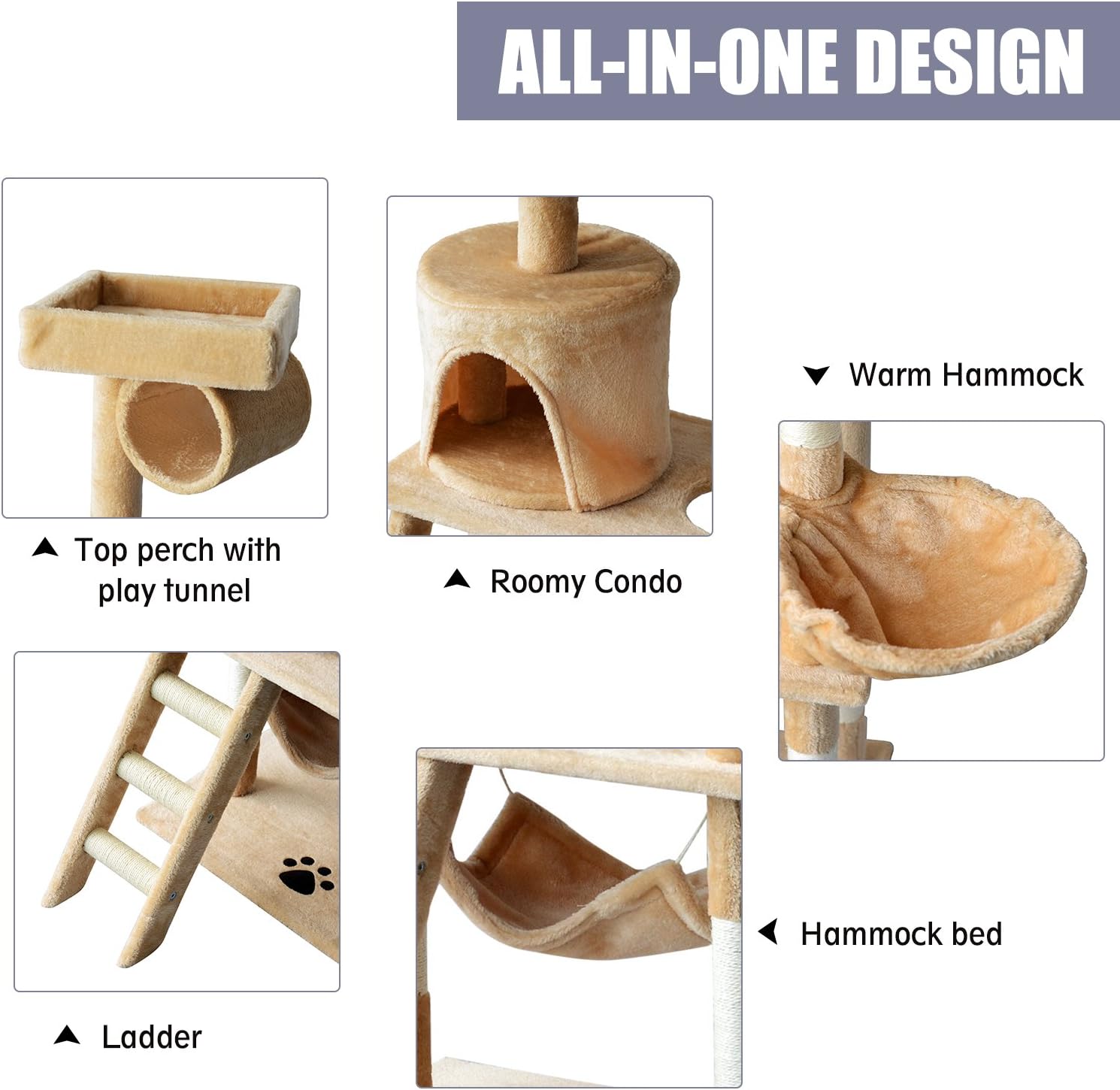 Diagram showing various features of the cat tree: top perch, condo, hammock, ladder, and basket