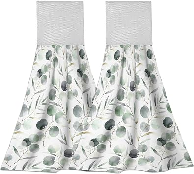 Leaves Kitchen Hand Towels with Hanging Loops Absorbent Dish Oven Towel, Fast Drying Hanging Towels Sage Decor for Home Kitchen Bathroom
