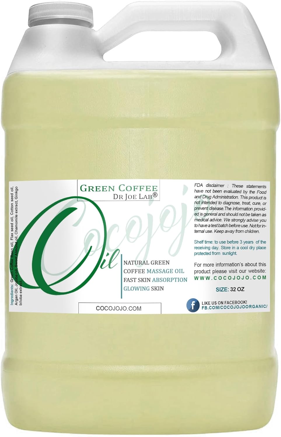 Cocojojo 32 Oz Green Coffee Bean Oil with Flax Seed Oil, Cotton Seed Oil, Argan Oil, Jojoba Oil, Sweet Almond Oil, Chamomile Extract, Gingko Biloba Extract.