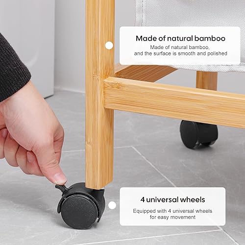 Miniatura 4 de Homde Cesta de lavandería, carrito clasificador de ropa de bambú con barra para colgar ropa, cesta de lavandería de 2 secciones con ruedas, bolsas