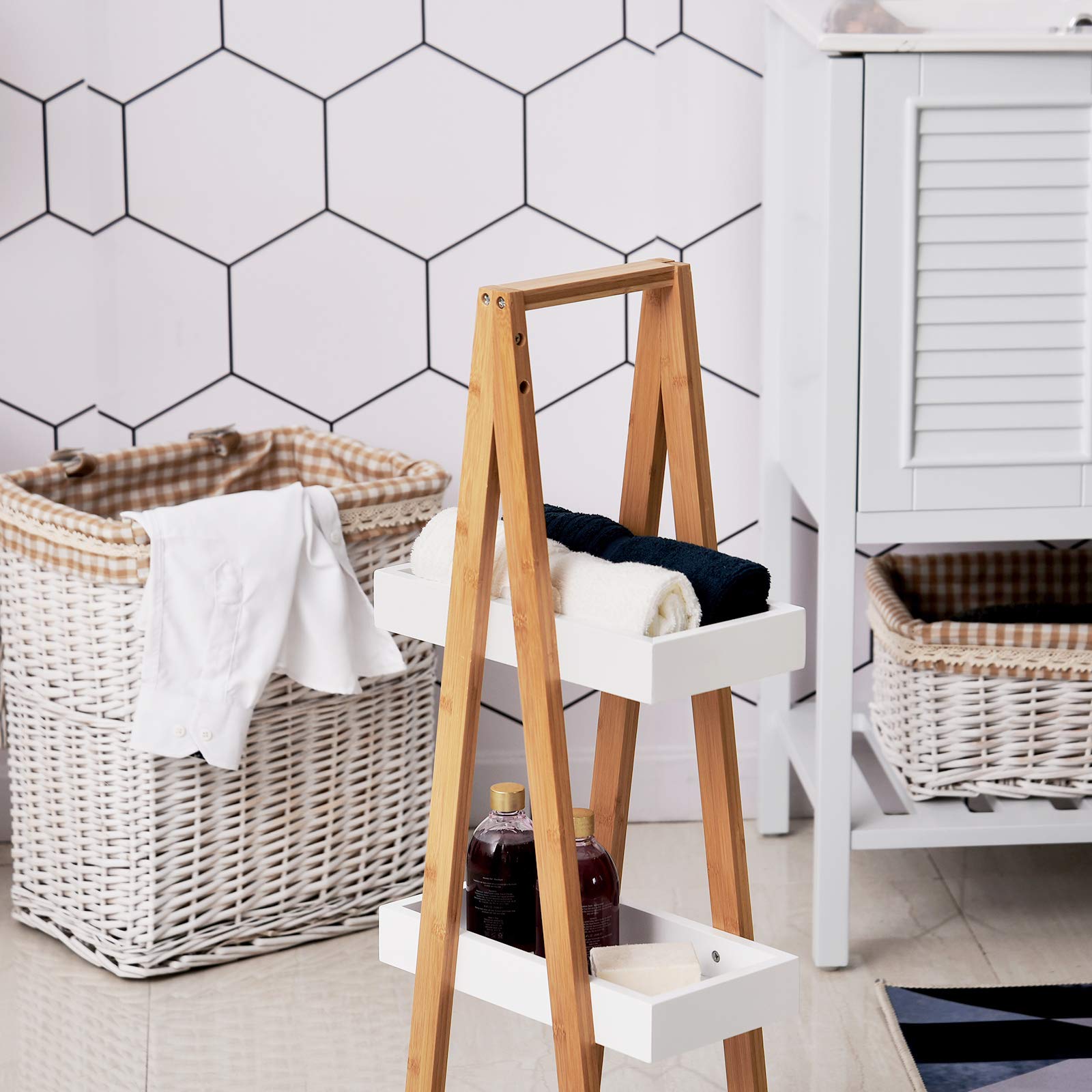 kleankin Estantería de Baño de Bambú Forma de A 30x18x81cm Natural y Blanco | 3 Estantes, Estantería de Almacenaje